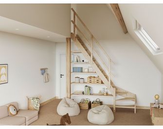 Escalier gain de place HILO quart tournant bas sapin avec rampe -Lapeyre