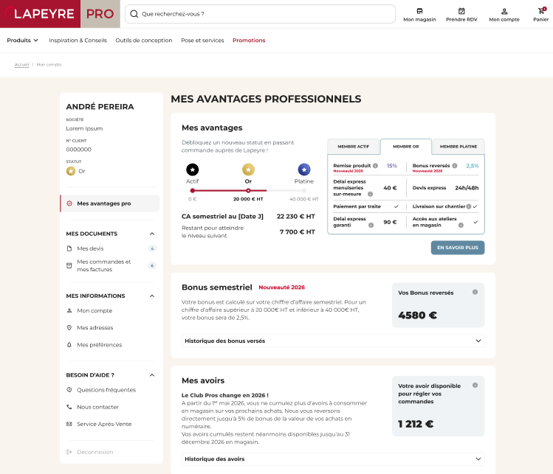 Espace client Pro avec historique de commandes et avantages