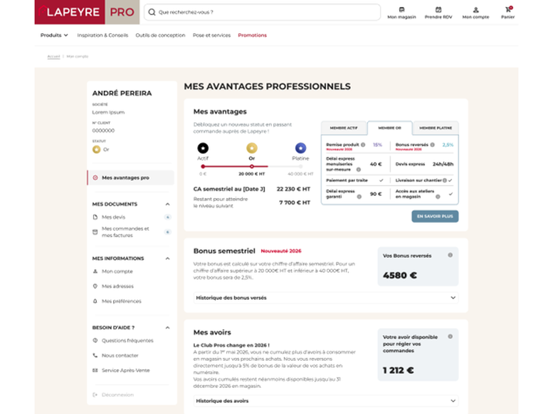 Espace client Pro avec historique de commandes et avantages