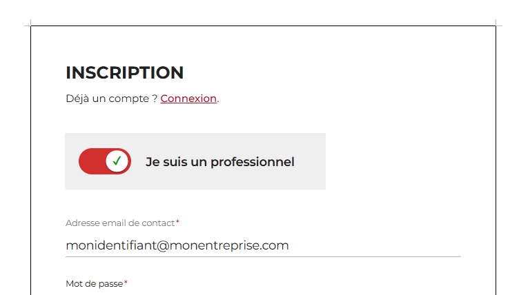 Formulaire d'inscription avec le toggle Je suis un Professionnel