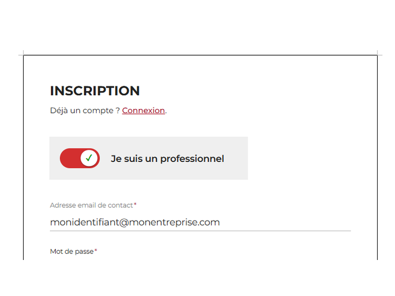 Formulaire d'inscription avec la coche Je suis un Professionnel