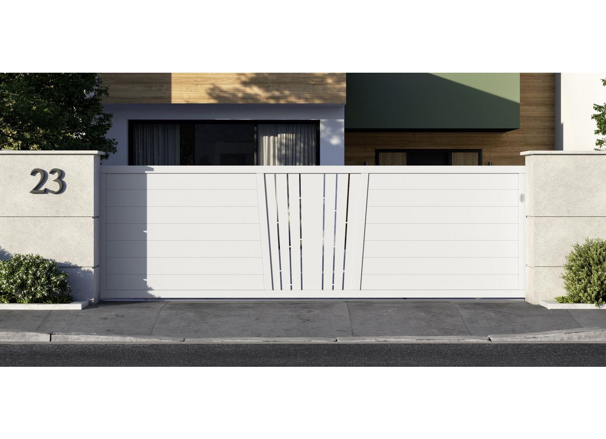 Portail coulissant Aluminium Pise décor soleil sur mesure-Lapeyre
