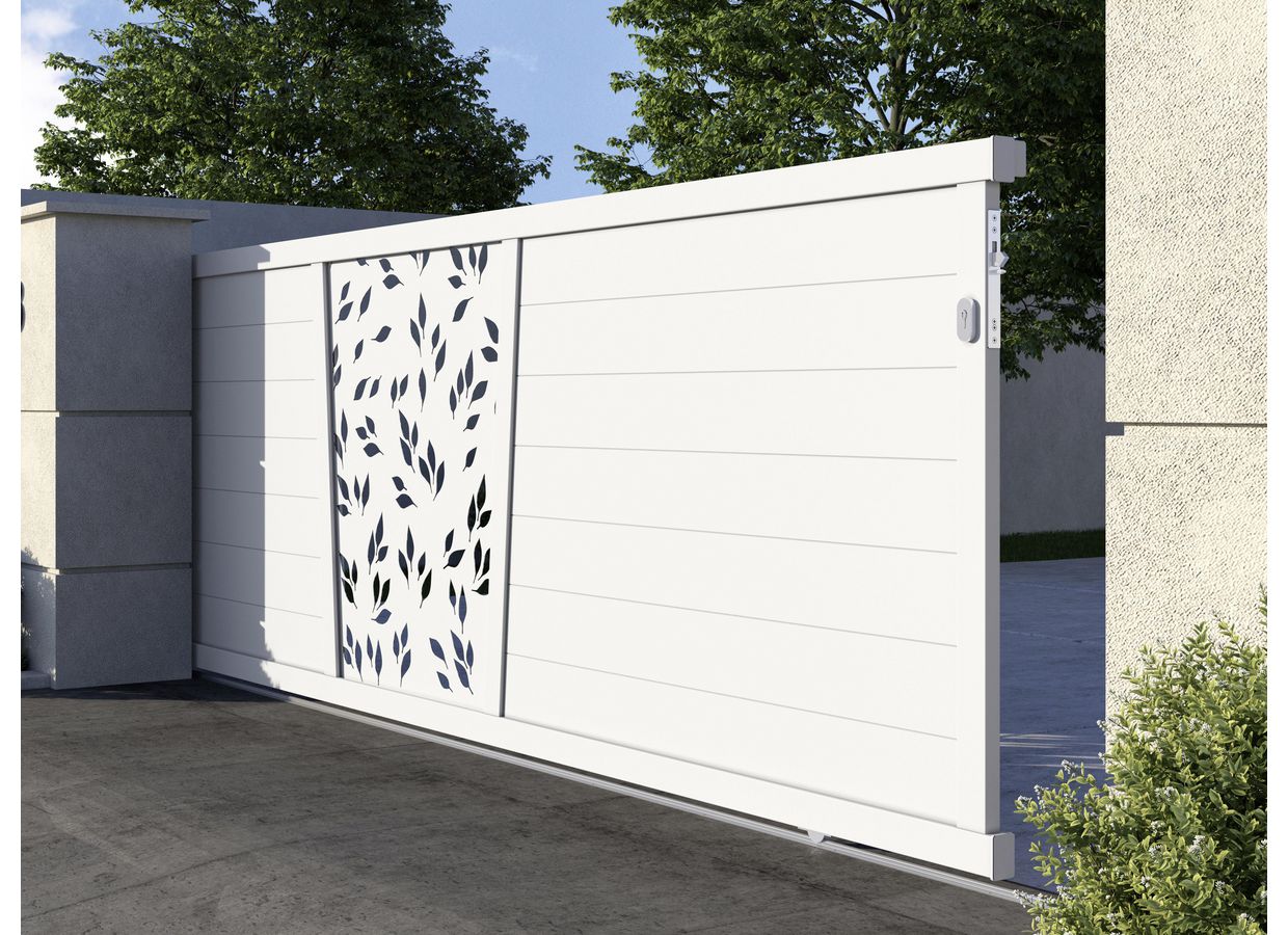 Portail coulissant Aluminium Pise décor feuille sur mesure-Lapeyre