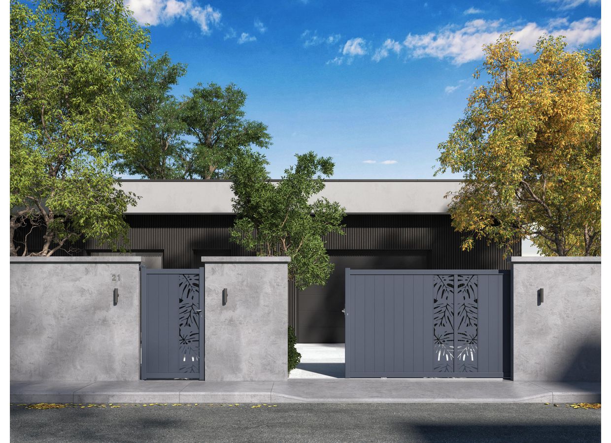 Portail coulissant aluminium décor monstera sur-mesure VICTORIN