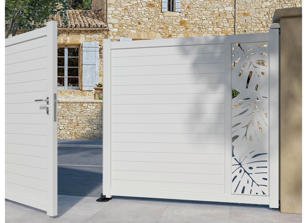 "Portail battant aluminium ANDRIA décor monstera sur mesure-Lapeyre"