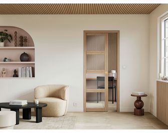 Porte coulissante QUADRAL*** chêne plaqué vitrée transparent