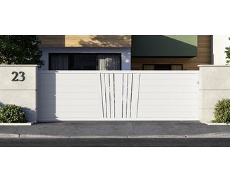 Portail coulissant Aluminium Pise décor soleil