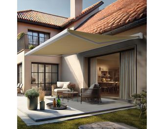 Store banne 5x3.5 m coffre blanc toile beige