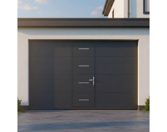 Porte de garage Antonin sectionnelle motif Tiret avec portillon motorisée SOMFY