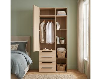 Armoire chêne clair 1 porte + tiroirs + niches L.100 cm Pléiade