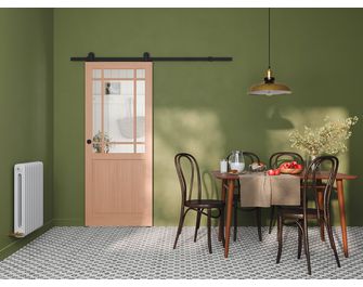 Porte coulissante Ron chêne plaqué 9 carreaux