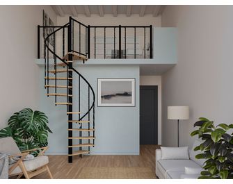 Escalier en colimaçon ENZO réversible avec rampe tubes inox, marches vernis incolore