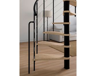 Escalier en colimaçon ENZO réversible avec rampe tubes inox, marches vernis incolore