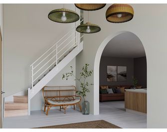 Escalier Faubourg quart tournant bas marche débordante rampe Evan