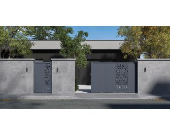 Portail coulissant aluminium décor monstera gris VICTORIN