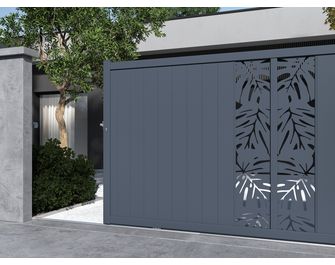 Portail coulissant aluminium décor monstera gris VICTORIN
