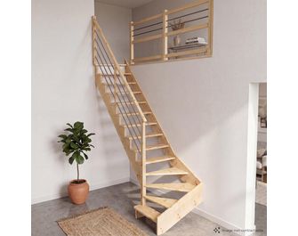 Escalier Ouessant quart tournant bas avec marche débordante rampe Régate tubes acier
