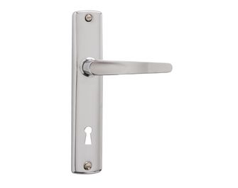 Ensemble poignée de porte basic chromé sur plaque avec trou de clé