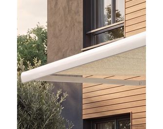 Store banne 5x3.5 m coffre blanc toile beige