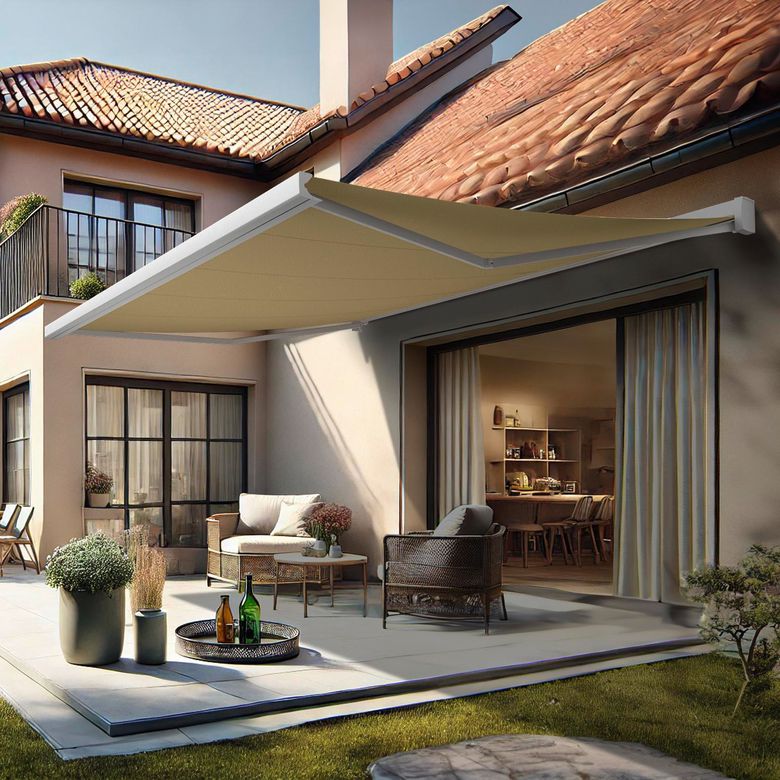 Store banne 5x3.5 m coffre blanc toile beige