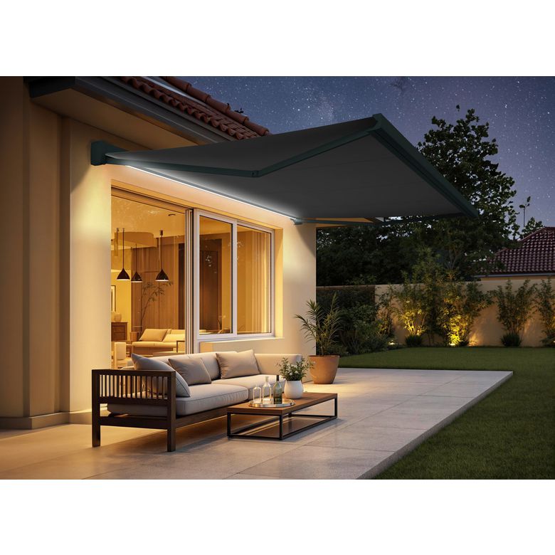 Store banne 5x3.5 m coffre gris toile grise