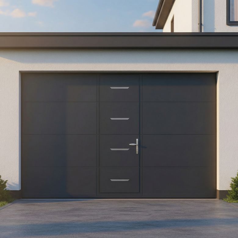 Porte de garage Antonin sectionnelle motif tiret avec portillon motorisée SOMFY - Lapeyre