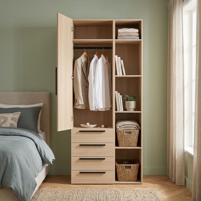 Armoire chêne clair 1 porte + tiroirs + niches L.100 cm Pléiade  | Lapeyre