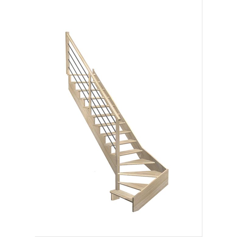 Escalier Ouessant quart tournant bas avec marche débordante rampe Régate tubes acier