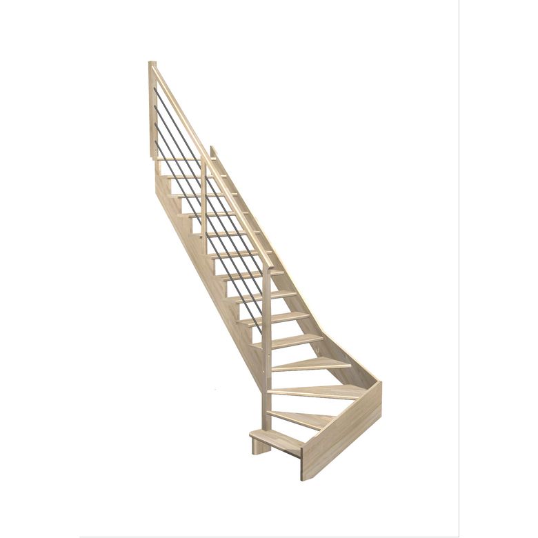 Escalier Ouessant quart tournant bas avec marche débordante rampe Régate tubes acier