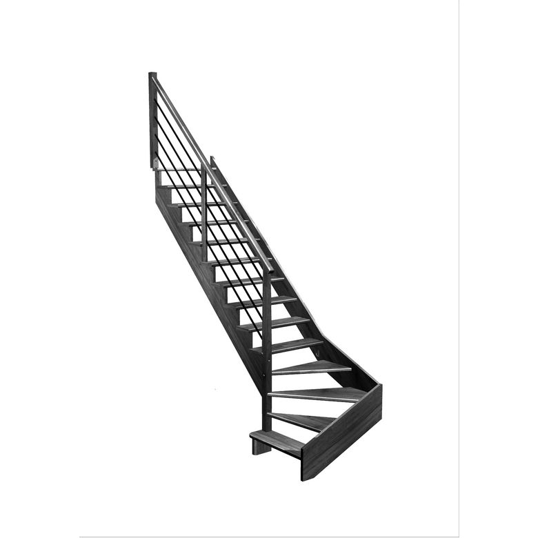 Escalier Ouessant quart tournant bas avec marche débordante rampe Régate tubes acier