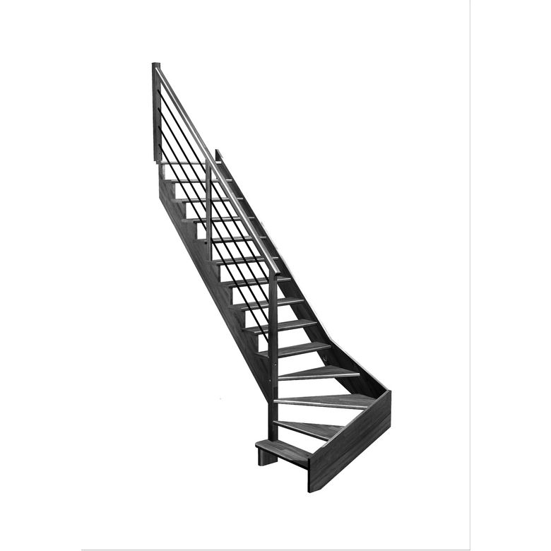 Escalier Ouessant quart tournant bas avec marche débordante rampe Régate tubes acier