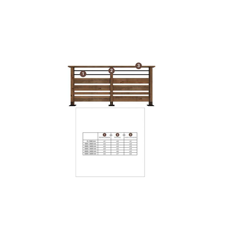 Garde corps SEPIA 4 lames bois et 2 tubes aluminium noir 1 mètre-Lapeyre
