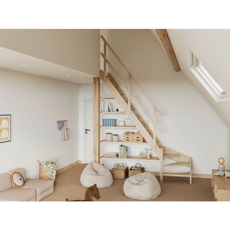 Escalier gain de place HILO quart tournant bas sapin avec rampe -Lapeyre