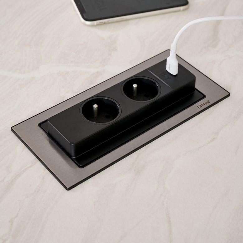 Bloc prise rectangulaire push rotatif 2 prises + USB - Cuisine