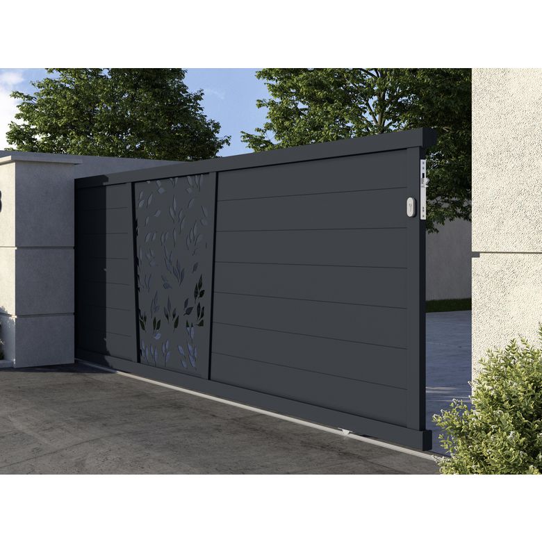 Portail coulissant Aluminium Pise décor feuille-Lapeyre