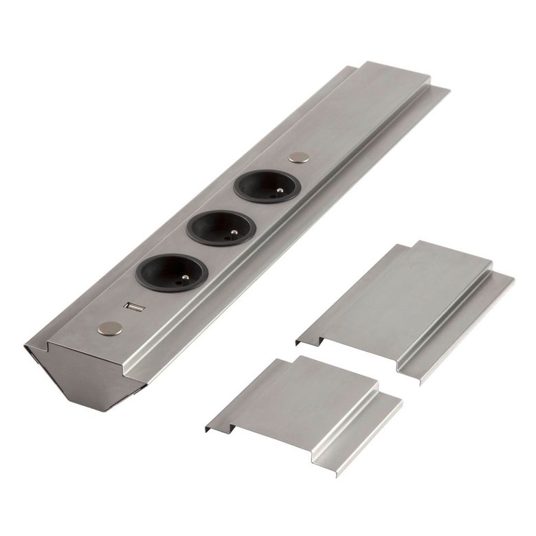 Bloc 3 prises+1 d'angle grande hauteur USB inox Main Image