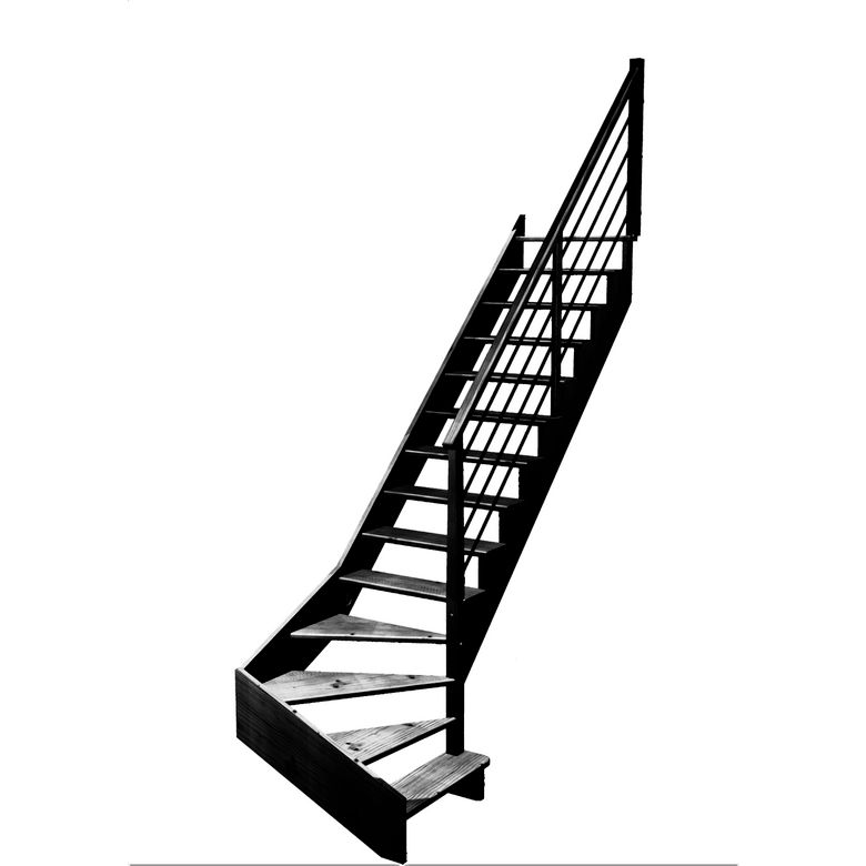 Escalier Ouessant quart tournant bas avec marche débordante rampe Régate tubes acier