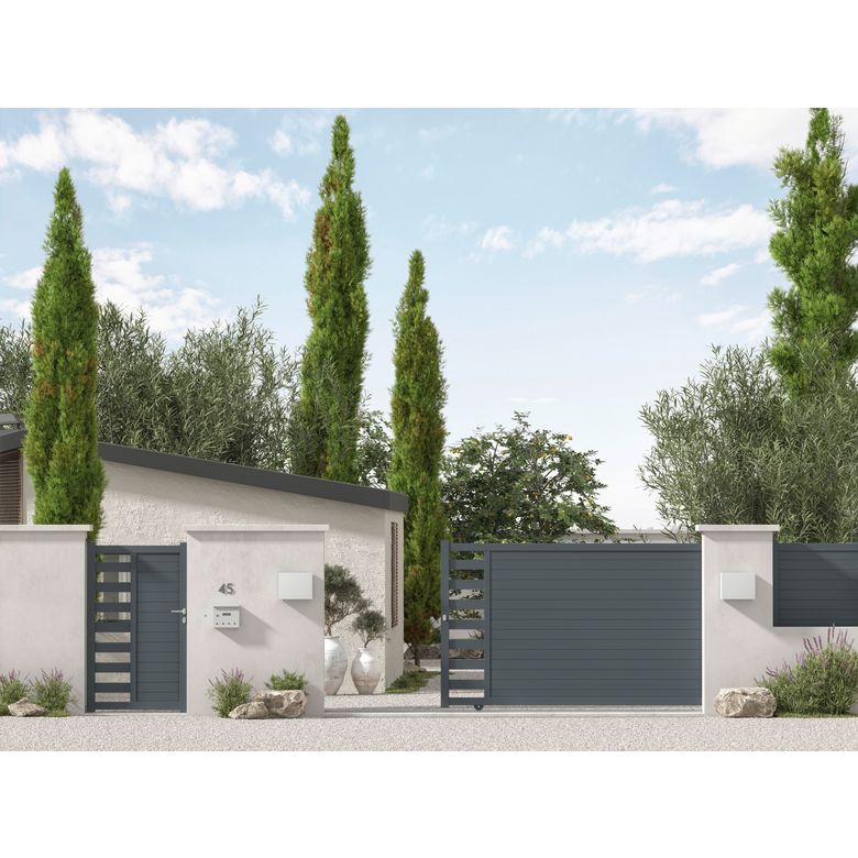 "Portail coulissant aluminium ANDRIA décor monstera-Lapeyre"