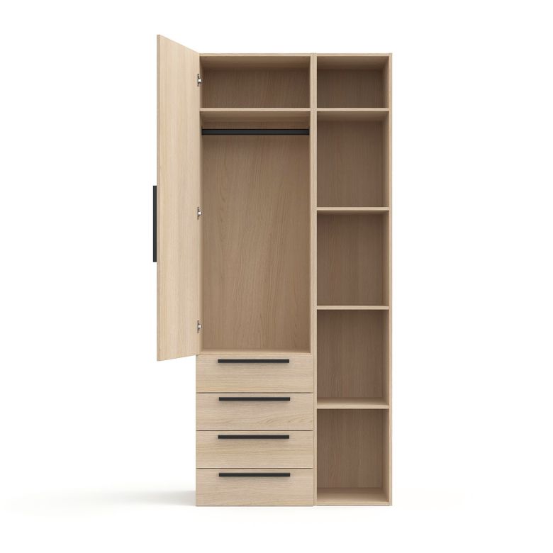 Armoire chêne clair 1 porte + tiroirs + niches L.100 cm Pléiade