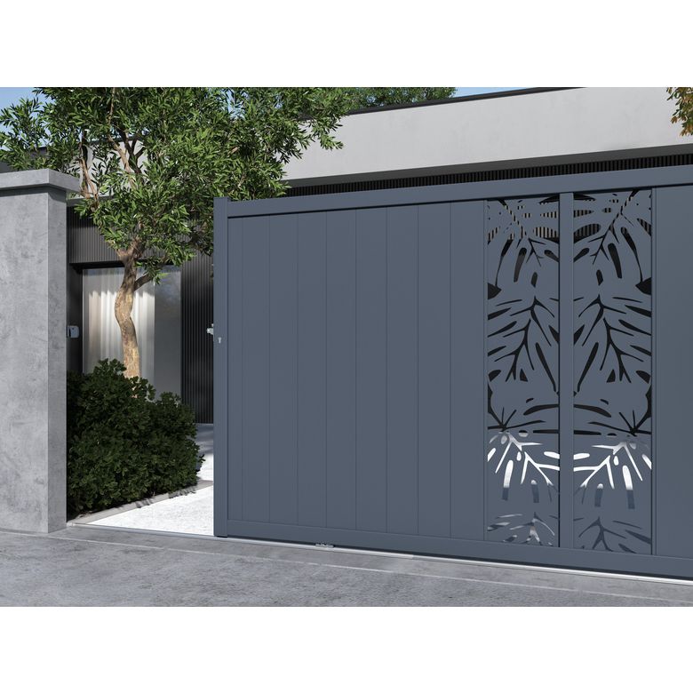 "Portillon aluminium 180 cm décor monstera gris VICTORIN-Lapeyre"