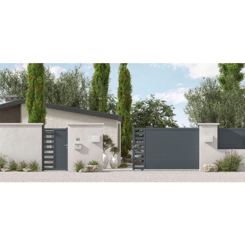 "Portail coulissant aluminium ANDRIA décor monstera-Lapeyre"
