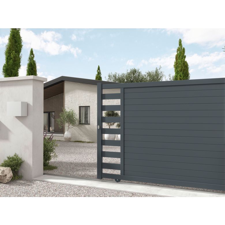 "Portail coulissant aluminium ANDRIA décor monstera-Lapeyre"