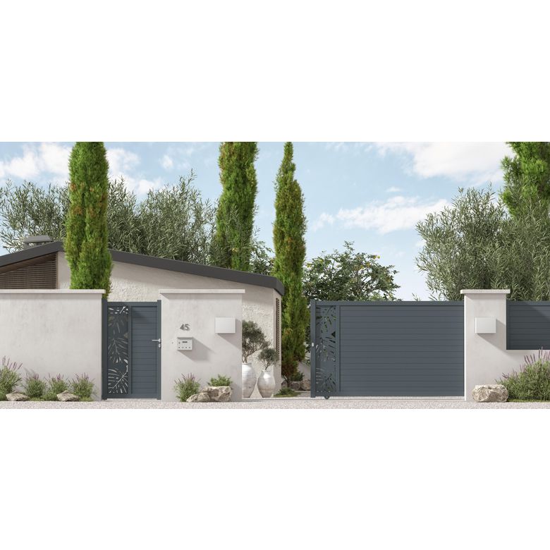 Portail coulissant aluminium ANDRIA décor monstera-Lapeyre