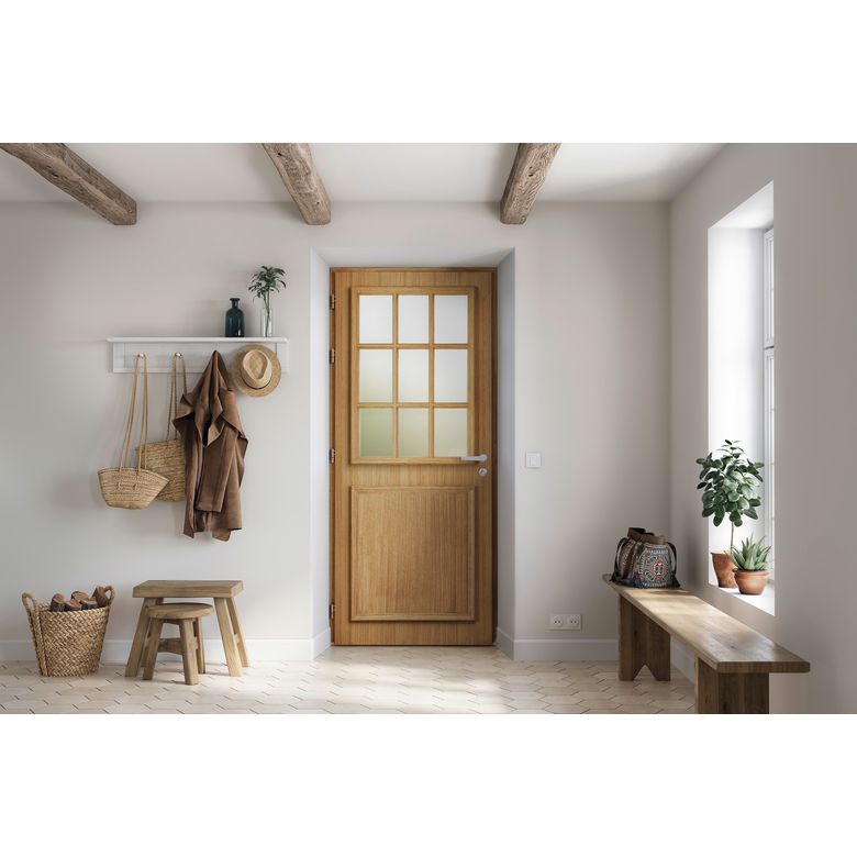 Porte d'entrée ANNE-PERRINE Chêne 9 carreaux avec barillet-Lapeyre