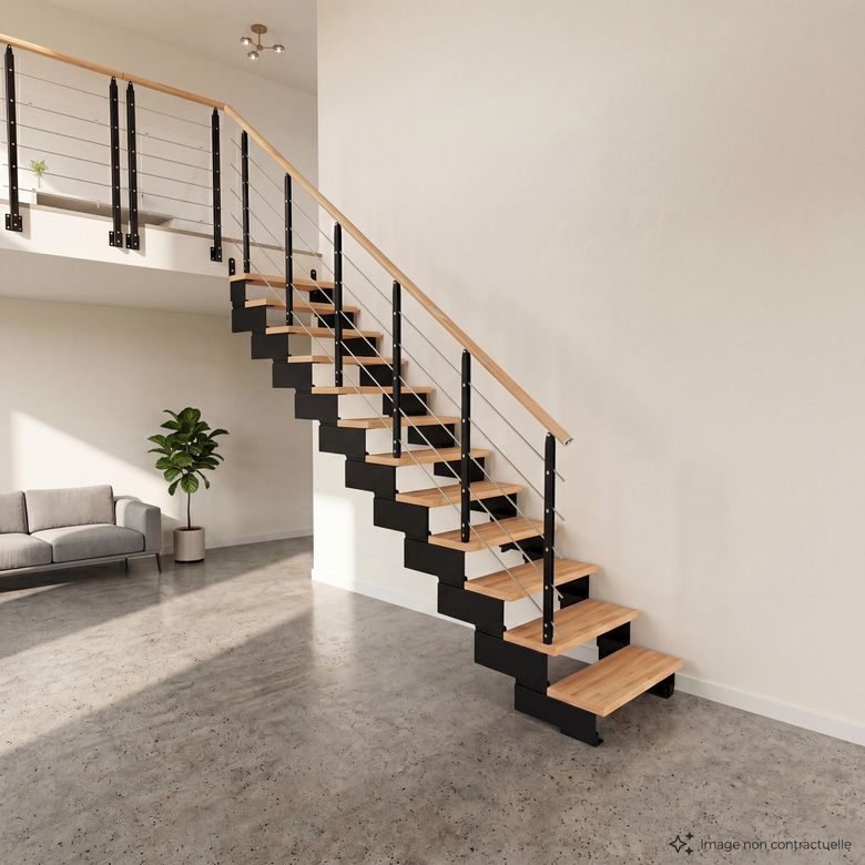 Escalier EZIO droit à rampe hêtre-Lapeyre