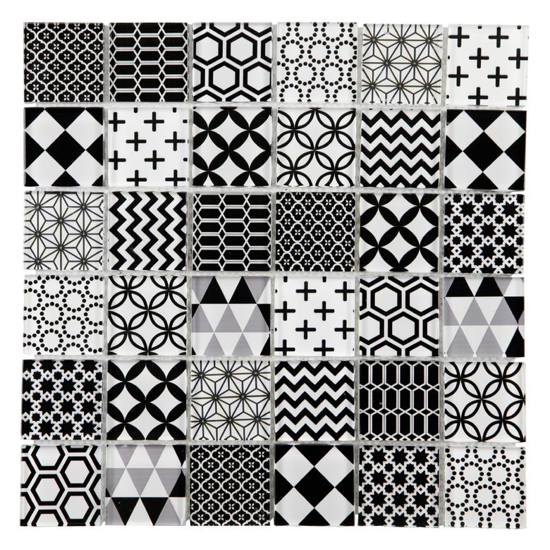 Mosaïque verre mix blanc/noir  4.8x4.8 /trame 29.7x29.7cm aspect brillant motifs Main Image